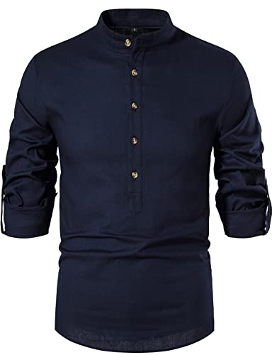 LucMatton Herren Baumwolle Retro Stil Roll-up Langarm Shirt Casual Leinen-Like Henley Tops, navy, L von LucMatton