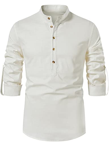 LucMatton Herren Baumwolle Retro Stil Roll-up Langarm Shirt Casual Leinenähnliche Henley Tops, weiß, XL von LucMatton