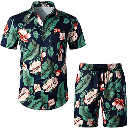 LucMatton Herren 2 Stück Blumen Hawaiian Outfits Sommer Casual Blumen Print Kurzarm Button Down Hemd und Shorts Set Marineblau X-Large von LucMatton