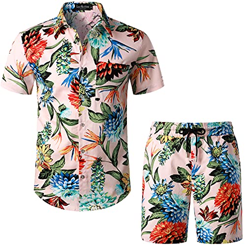 LucMatton Herren 2 Stück Blumen Hawaiian Outfits Sommer Casual Blumen Print Kurzarm Button Down Hemd und Shorts Set Rosa Grün Mittel von LucMatton