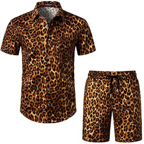 LucMatton Herren 2 Stück Blumen Outfits Hipster Leopard Kurzarm Button Down Hemd und Shorts Set für Club Party Gold Leopard Klein von LucMatton
