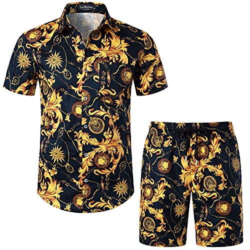 LucMatton Herren 2 Stück Blumen Outfits Hipster Luxus Print Kurzarm Button Down Hemd und Shorts Set für Club Party Schwarz Gold Mittel von LucMatton