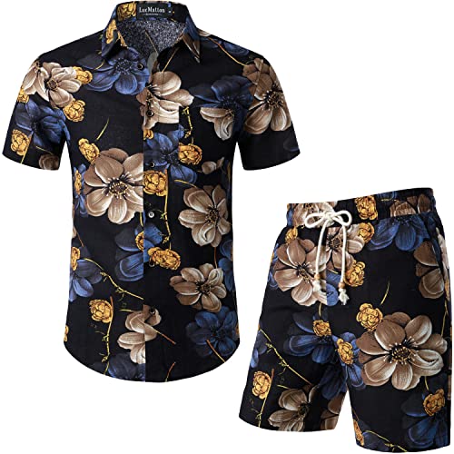 LucMatton Herren 2 Stück Casual Blumen Print Outfits Sommer Hawaiian Kurzarm Button Down Hemd und Shorts Sets für tropischen Strandurlaub Schwarz Blau Groß von LucMatton