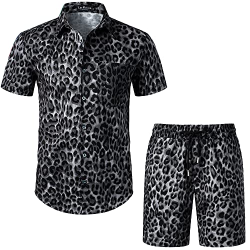 LucMatton Herren 2-teilige Blumenoutfits Hipster Leopard Kurzarm Button Down Shirt und Shorts Set für Club Party Schwarz Leopard Groß von LucMatton