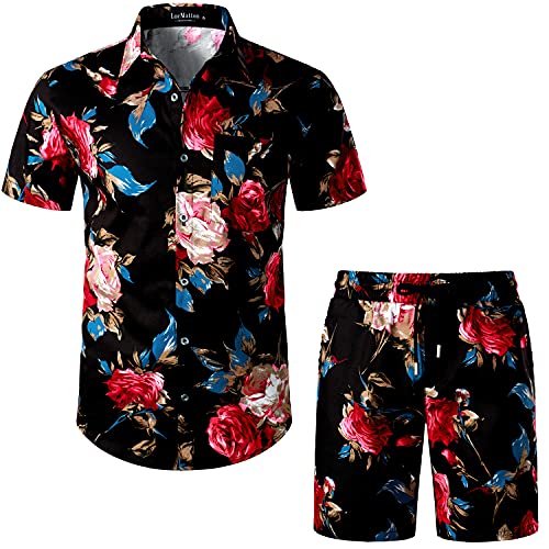 LucMatton Herren 2-teilige Blumenoutfits Stilvolle Rosenblume Print Kurzarm Button-up Hemd und Shorts Set für Hawaiian Party Schwarze Rose Klein von LucMatton