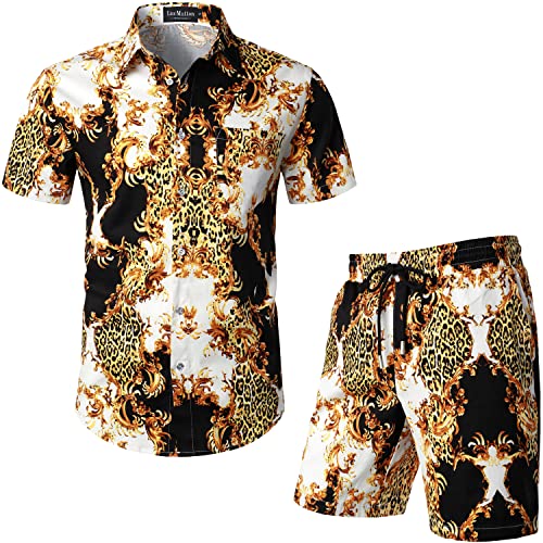 LucMatton Herren 2-teilige Luxus Leopard Print Outfits Stylische Kurzarm Button-Up Shirts und Shorts Set für Club Party Weißgold X-Large von LucMatton