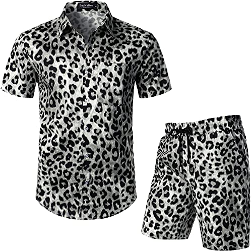 LucMatton Herren 2-teilige Bedruckte Outfits Hipster Leopard Kurzarm Button Down Shirt und Shorts Set für Club Party Weißer Leopard Mittel von LucMatton