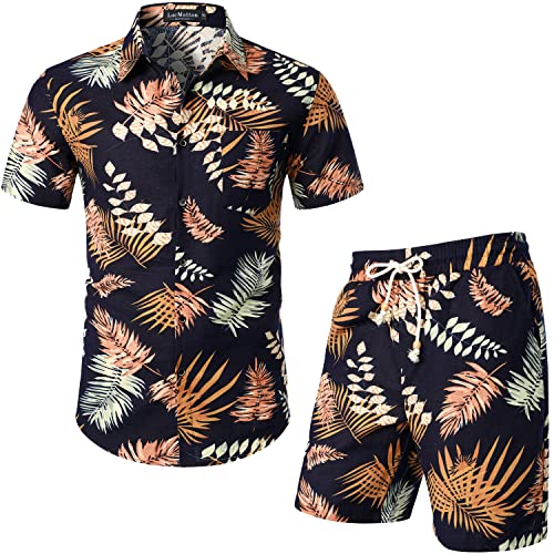 LucMatton Herren 2-teilige lässige Blumendruck-Outfits Sommer Hawaiian Kurzarm-Button-Down-Hemd und Shorts-Sets für tropischen Strandurlaub Marineblau X-Large von LucMatton