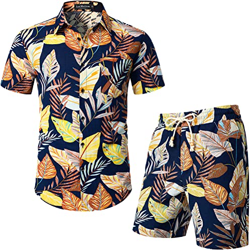 LucMatton Herren 2-teilige lässige Blumendruck-Outfits Sommer Hawaiian Kurzarm-Button-Down-Hemd und Shorts-Sets für tropischen Strandurlaub Navy Gold Medium von LucMatton