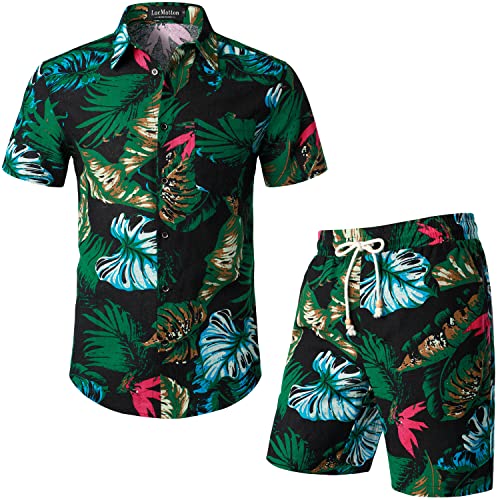 LucMatton Herren 2-teilige lässige Blumenprint Outfits Sommer Hawaiian Kurzarm Button Down Hemd und Shorts Sets für tropischen Strandurlaub Schwarz Grün Mittel von LucMatton