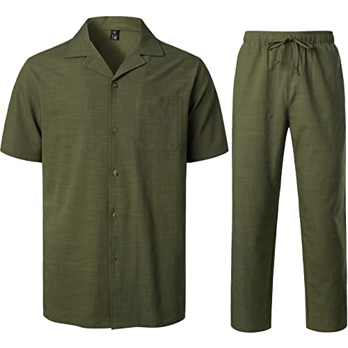 LucMatton Herren 2 Stück Casual Leinen Outfits Sommer Kubanischen Kragen Walking Anzüge für Strand Urlaub, Grün (Army Green), Mittel von LucMatton