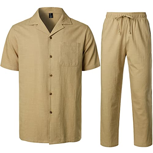 LucMatton Herren 2 Stück Casual Leinen Outfits Sommer Kubanischen Kragen Walking Anzüge für Strand Urlaub, Khaki, Klein von LucMatton