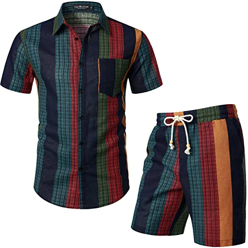 LucMatton Herren 2-teilige lässige Outfits mit vertikalem Streifendruck Sommer Hawaiian Kurzarmhemd mit Knopfleiste und Shorts Set für Strandurlaub Mehrfarbiger Streifen groß von LucMatton