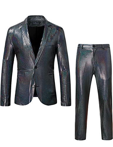 LucMatton Herren 2-teiliges Disco-Set, glänzende Jacke und Hose, metallische Pailletten, Schwarz , Large von LucMatton