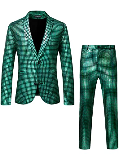 LucMatton Herren 2-teiliges Disco-Set, glänzende Jacke und Hose, metallische Pailletten, grün, M von LucMatton