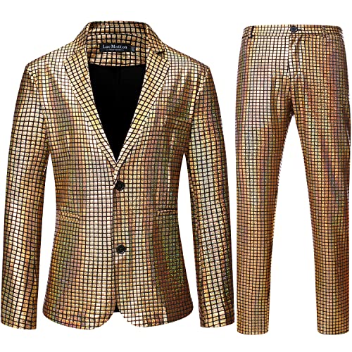 LucMatton Herren 2-teiliges Disco-Set, glänzende Jacke und Hose, metallische Pailletten-Anzüge, gold, M von LucMatton