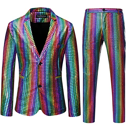 LucMatton Herren 2 Stück Disco Sets Glänzende Jacke und Hose Metallic Pailletten Anzüge, mehrfarbig, Large von LucMatton