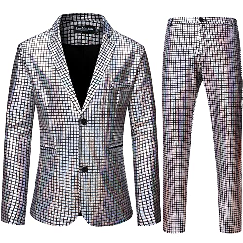 LucMatton Herren 2 Stück Disco Sets Glänzende Jacke und Hose Metallic Pailletten Anzüge, silber, M von LucMatton