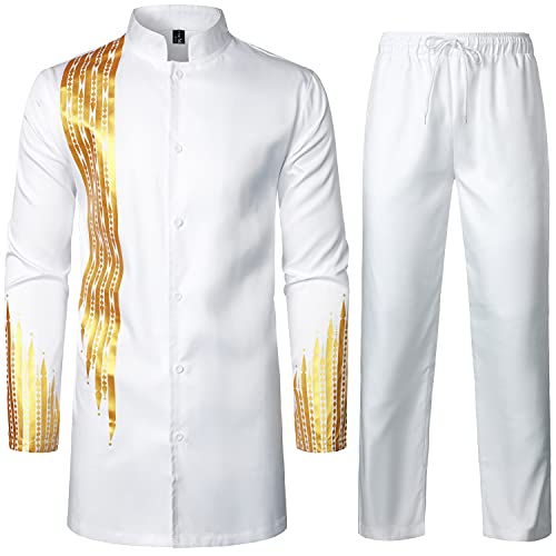 LucMatton Herren 2-teiliges Outfit, langärmelig, Hemd und Hose, traditioneller ethnischer Anzug, Weiß, Groß von LucMatton