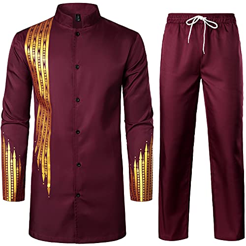 LucMatton 2-teiliges Herren-Outfit, langärmelig, Hemd und Hose, traditioneller ethnischer Anzug, Burgunder, Large von LucMatton