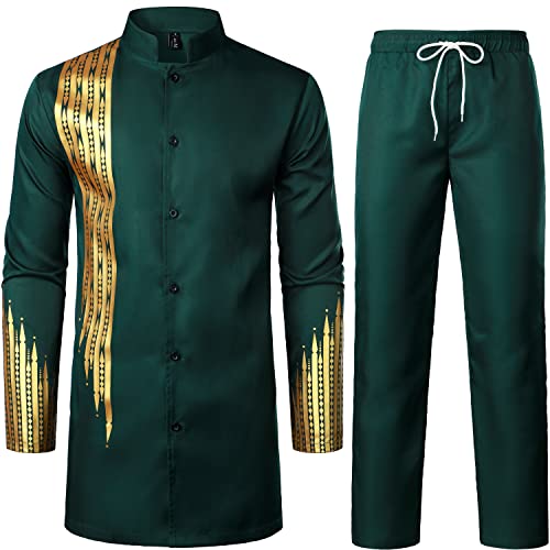 LucMatton Herren 2-teiliges Outfit Langarm Knopfleiste Hemd und Hose Traditioneller Ethnoanzug, dunkelgrün, Mittel von LucMatton