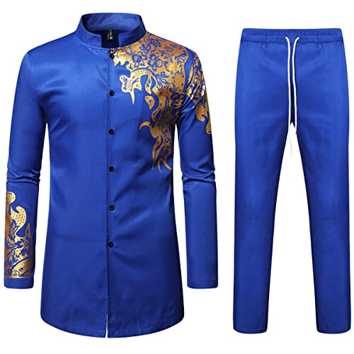 LucMatton Herren 2-teiliges Outfit Langarm Knopfleiste Hemd und Hose Traditioneller ethnischer Anzug, Königsblau-B, XXL von LucMatton