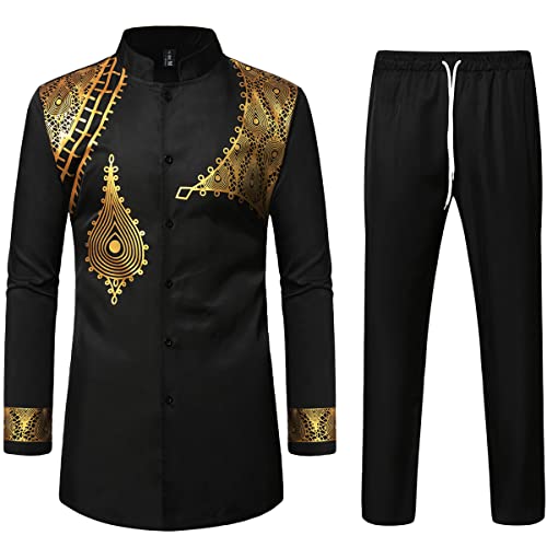 LucMatton Herren 2-teiliges Outfit Langarm Knopfleiste Hemd und Hose Traditioneller ethnischer Anzug, Schwarz-Gold-C, L von LucMatton