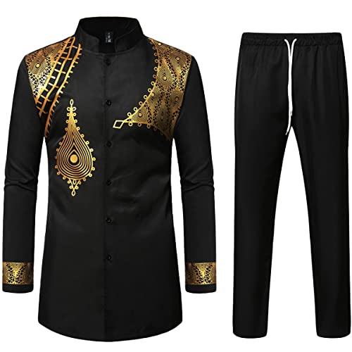 LucMatton Herren 2-teiliges Outfit Langarm Knopfleiste Hemd und Hose Traditioneller ethnischer Anzug, Schwarz-Gold-C, XXL von LucMatton