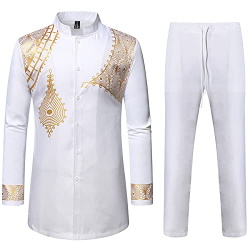 LucMatton Herren 2-teiliges Outfit Langarm Knopfleiste Hemd und Hose Traditioneller ethnischer Anzug, Weißgold-C, XL von LucMatton