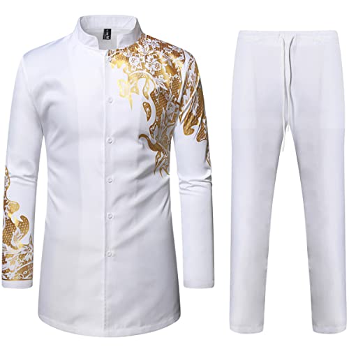 LucMatton Herren 2-teiliges Outfit Langarm Knopfleiste Hemd und Hose Traditioneller ethnischer Anzug, Weißgold-b, XL von LucMatton