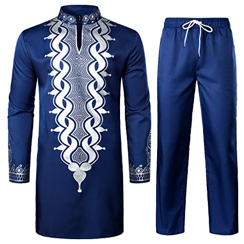 LucMatton Herren afrikanisches 2-teiliges Set Langarm Gold Print Dashiki und Hose Outfit Traditioneller Anzug, Navy White-b, M von LucMatton