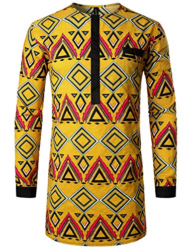 LucMatton Herren Afrikanisches traditionelles Muster gedruckt versteckte Knöpfe Langarm Dashiki Shirt mit Tasche, gelb, S von LucMatton