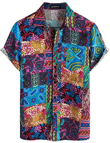 LucMatton Herren Leinen Traditionelle Muster Print Kurzarm Button Down Hawaiihemden, Blau/Pink, 3XL von LucMatton