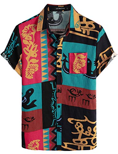 LucMatton Hawaiihemden für Herren, Baumwolle, Leinen, traditionelle Motive, kurzärmlig, Knopfleiste, Gelb Blau, S von LucMatton