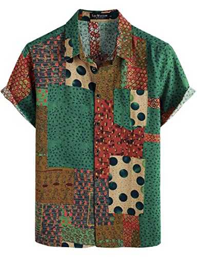 LucMatton Hawaiihemden für Herren, Baumwolle, Leinen, traditionelle Motive, Kurzarm, Knopfleiste, Grün , XL von LucMatton