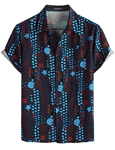 LucMatton Herren Leinen Traditionelle Muster Print Kurzarm Button Down Hawaiihemden, Marineblau, 3XL von LucMatton