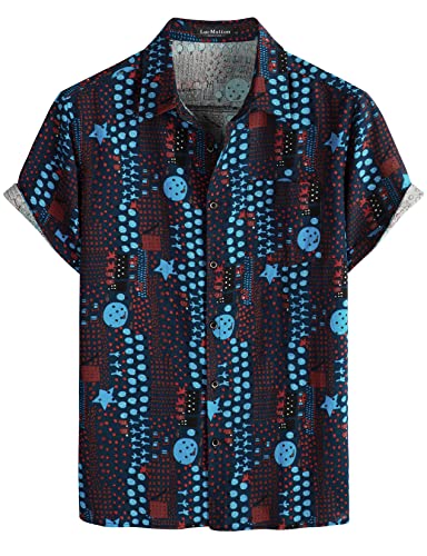 LucMatton Herren Leinen Traditionelle Muster Print Kurzarm Button Down Hawaiihemden, Marineblau, XXL von LucMatton