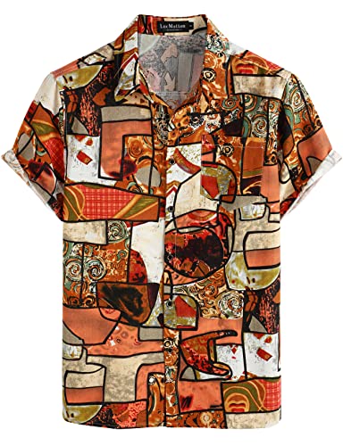 LucMatton Herren Baumwolle Leinen Traditioneller Muster Druck Kurzarm Button Down Hawaiihemden, Orange, XL von LucMatton