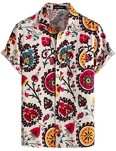 LucMatton Herren Leinen Traditionelle Muster Print Kurzarm Button Down Hawaiihemden, beige, XXL von LucMatton