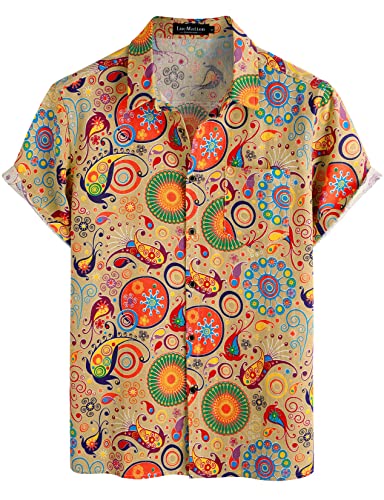 LucMatton Herren Baumwolle Leinen Traditionelle Muster Print Kurzarm Button Down Hawaiihemden, khaki, L von LucMatton