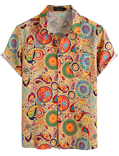 LucMatton Hawaiihemden für Herren, Baumwolle, Leinen, bedruckt mit traditionellen Motiven, Kurzarm, Knopfleiste, khaki, M von LucMatton