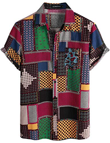 LucMatton Herren Leinen Traditionelle Muster Print Kurzarm Button Down Hawaiihemden, Mehrfarbig, XL von LucMatton