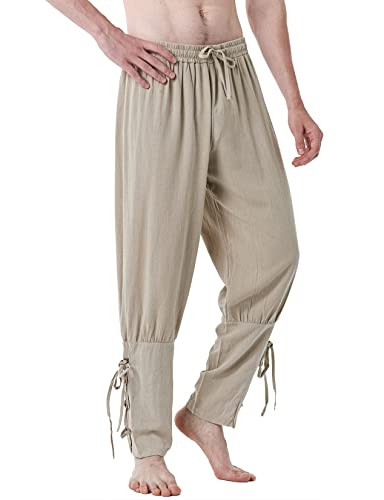 LucMatton Herren Baumwolle Retro Knöchel Gebänderte Hosen für Halloween Cosplay Renaissance Mittelalter Wikinger Pirat Kostüm, Khaki, 3XL von LucMatton