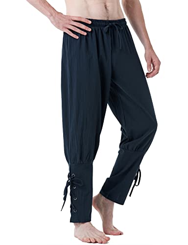 LucMatton Herren Baumwolle Retro Knöchel Banded Pants für Halloween Cosplay Renaissance Mittelalter Wikinger Pirat Kostüm, Marineblau, Groß von LucMatton