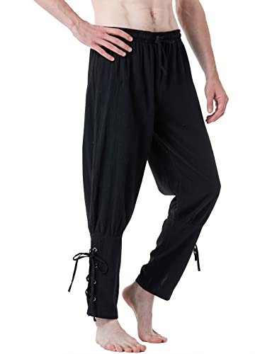 LucMatton Herren Baumwolle Retro Knöchel Gebänderte Hosen für Halloween Cosplay Renaissance Mittelalter Wikinger Pirat Kostüm, Schwarz, Klein von LucMatton