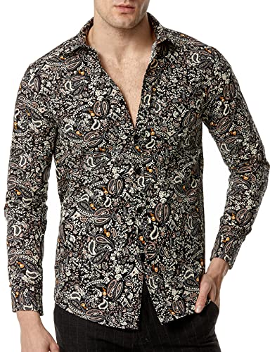 LucMatton Herren Blumenkleid Hemd Baumwolle Langarm Button Down Shirts, Schwarz , S von LucMatton