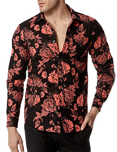 LucMatton Herren Blumenkleid Hemd Baumwolle Langarm Button Down Shirts, schwarz / rot, XXL von LucMatton