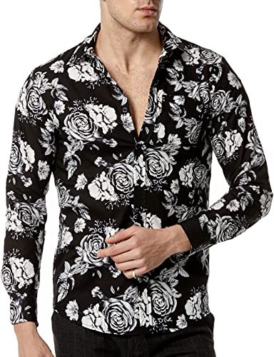 LucMatton Herren Floral Kleid Hemd Baumwolle Langarm Button Down Shirts, schwarz / weiß, XXL von LucMatton