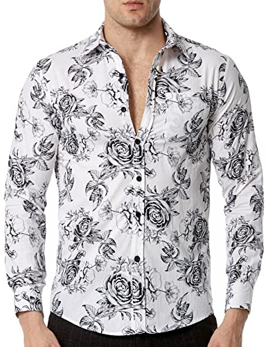 LucMatton Herren Floral Kleid Hemd Baumwolle Langarm Button Down Shirts, weiß, S von LucMatton