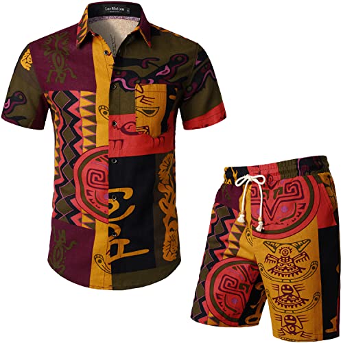 LucMatton Herren Casual 2 Stück Ethnic Style Muster Outfits Sommer Kurzarm Button-up Hemd und Shorts Sets für Boho African Hawaiian Beach Passend Orange Gelb Klein von LucMatton